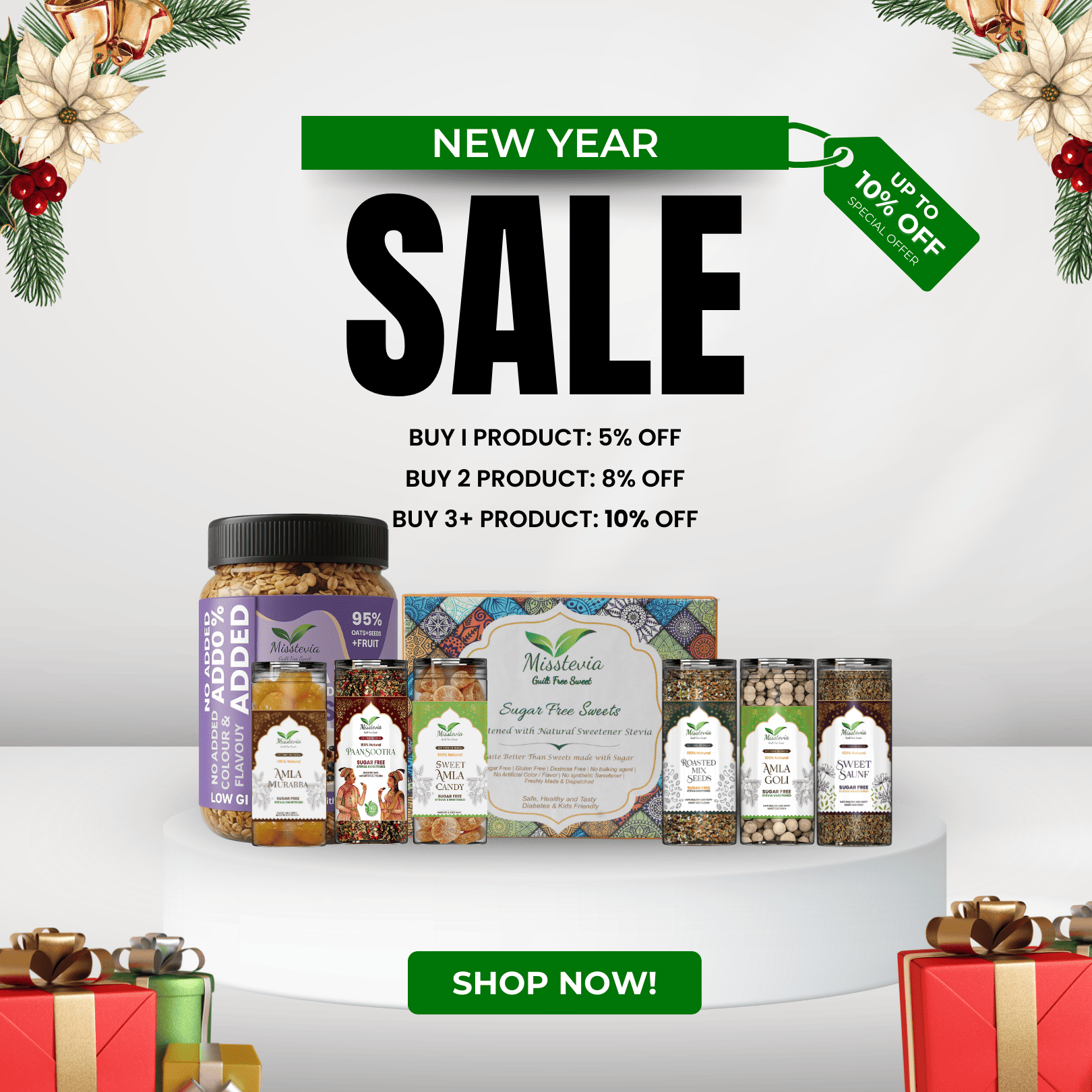 Promotional image with New Year sale text and various products on a white background.