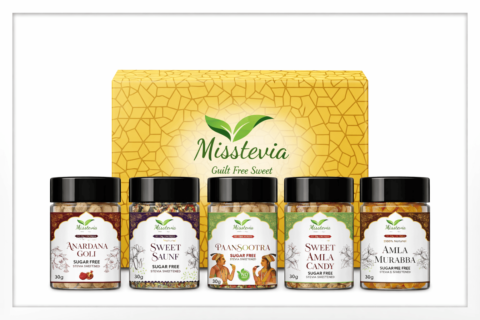 Set of Misstevia gulf free sweet jars with a decorative box in the background.