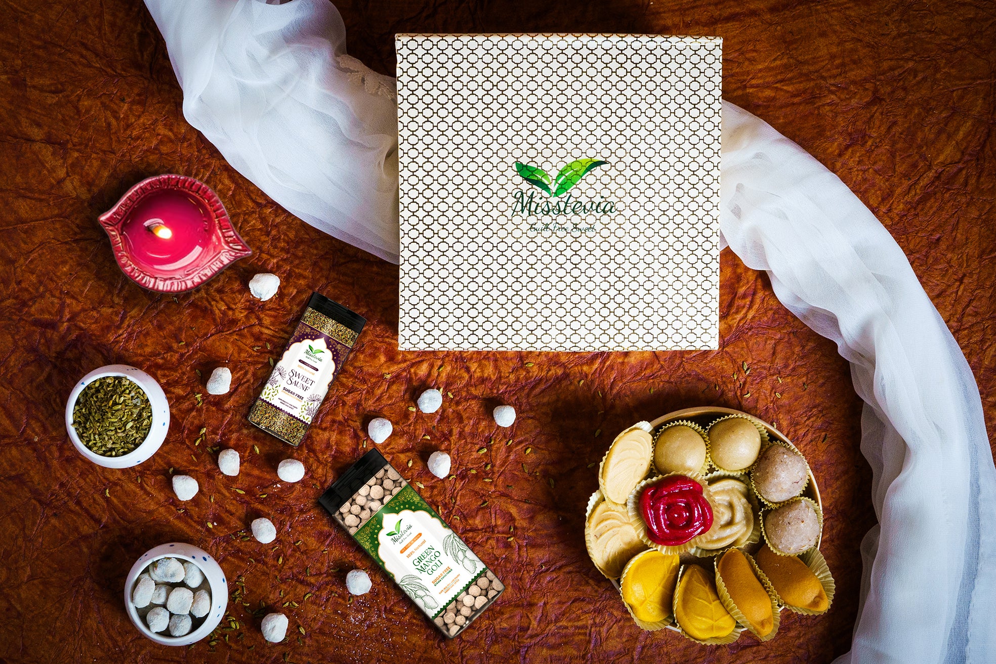 Sugar Free Sweets Gift Box 410g | Guilt Free Sweets and Mouth Freshener | Stevia Sweetened | Badam and Kesar Malai Peda | Kaju Almond Laddu | Mango Malai Sandesh | Dryfruit Coconut Laddu | Kaju Burfi | Green Mango Goli and Sweet Saunf