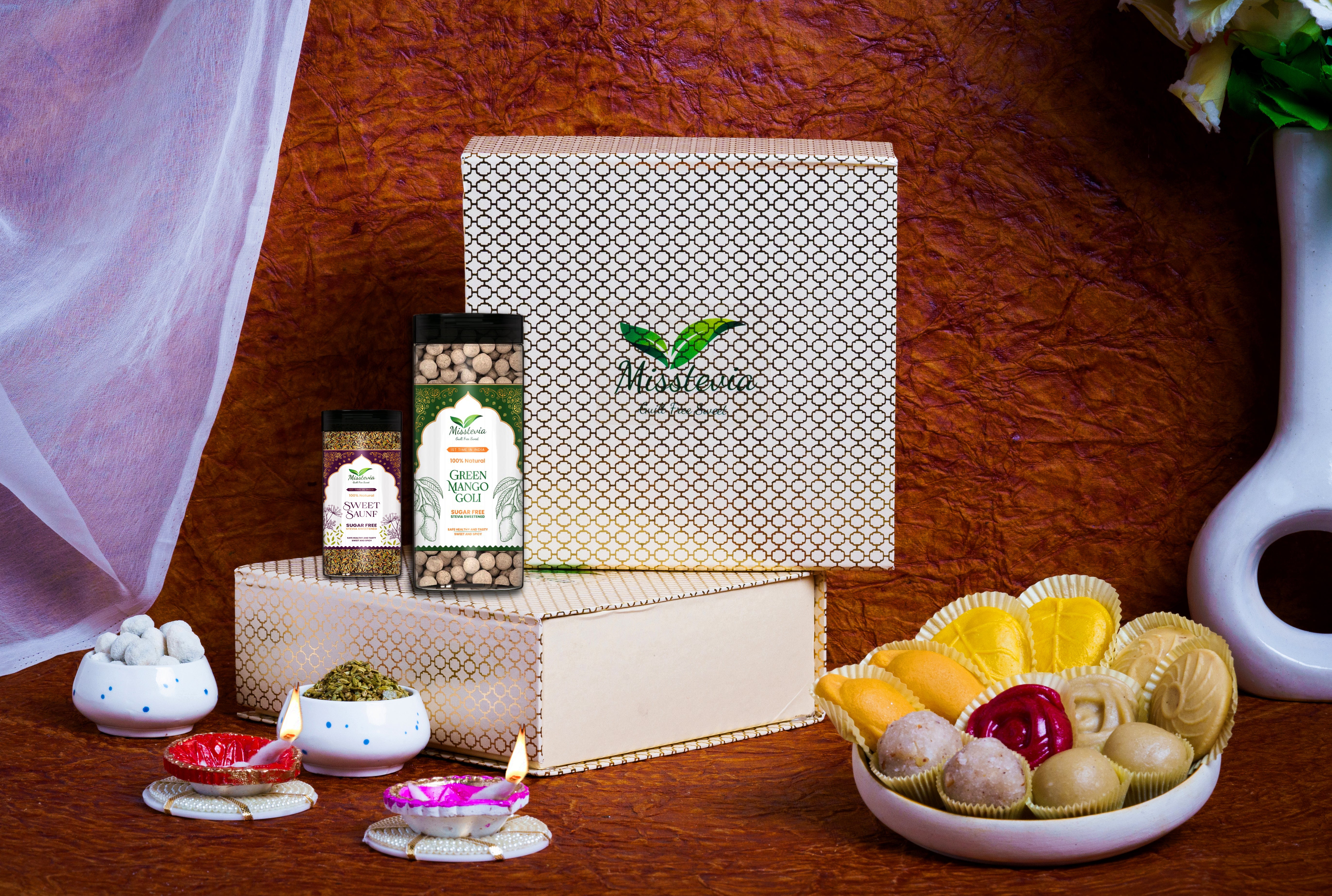 Sugar Free Sweets Gift Box 410g | Guilt Free Sweets and Mouth Freshener | Stevia Sweetened | Badam and Kesar Malai Peda | Kaju Almond Laddu | Mango Malai Sandesh | Dryfruit Coconut Laddu | Kaju Burfi | Green Mango Goli and Sweet Saunf