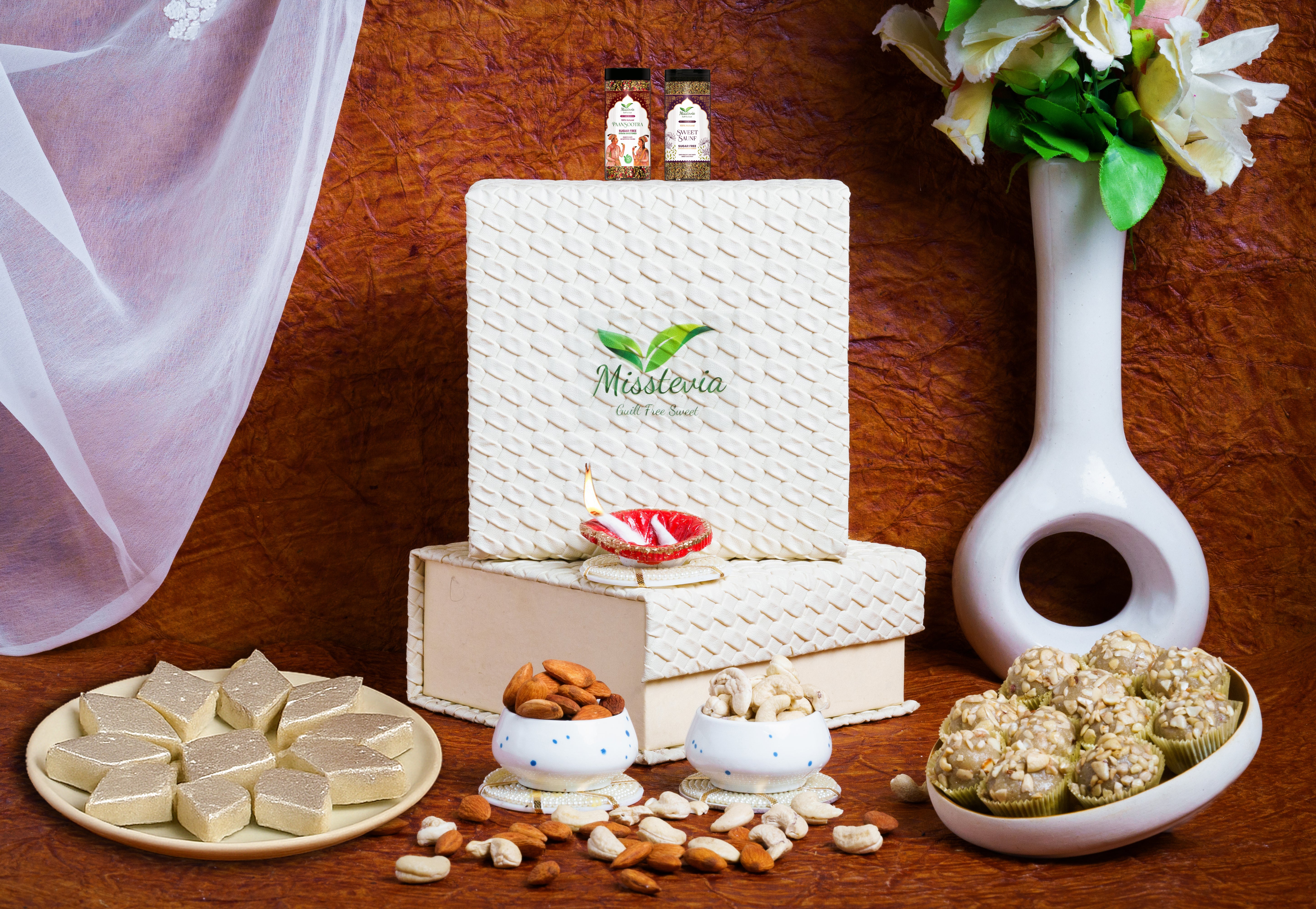 Sugar Free Sweets Gift Box 310g | Stevia sweetened | Kaju Katli 125g| Cashew Almond Dry Fruit Laddu 125g | Meetha Paan 30g | Sweet Saunf 30g | Tealight Candle & Holder | Sugar free Mithai| Kids & Diabetic Friendly| Gift Hamper