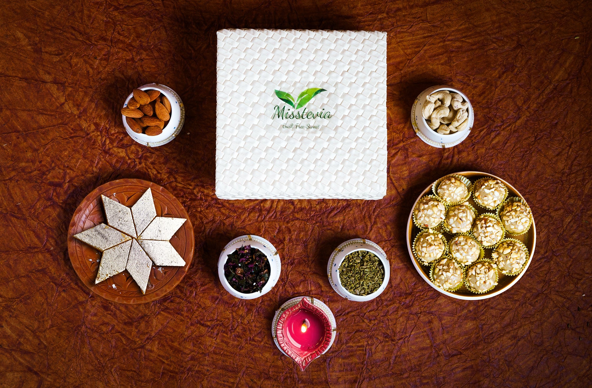 Sugar Free Sweets Gift Box 310g | Stevia sweetened | Kaju Katli 125g| Cashew Almond Dry Fruit Laddu 125g | Meetha Paan 30g | Sweet Saunf 30g | Tealight Candle & Holder | Sugar free Mithai| Kids & Diabetic Friendly| Gift Hamper