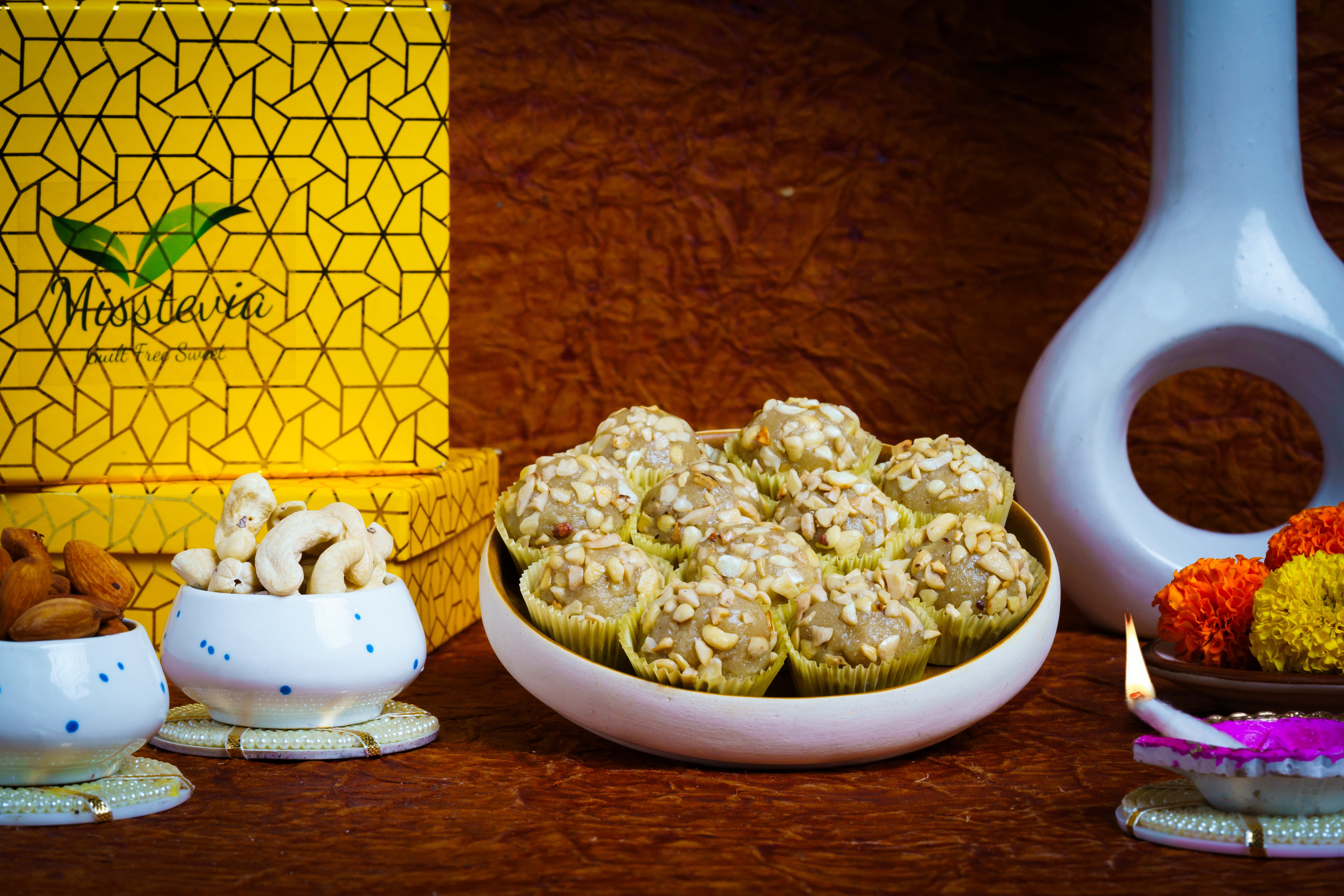 Sugar free Sweets Diwali Gift Box 125g | Cashew Almond Dry Fruit Laddu |Tealight candle &Holder| Healthy Gift Hamper |Perfect Festival Gift Kaju Mithai| Kids & Diabetic Friendly