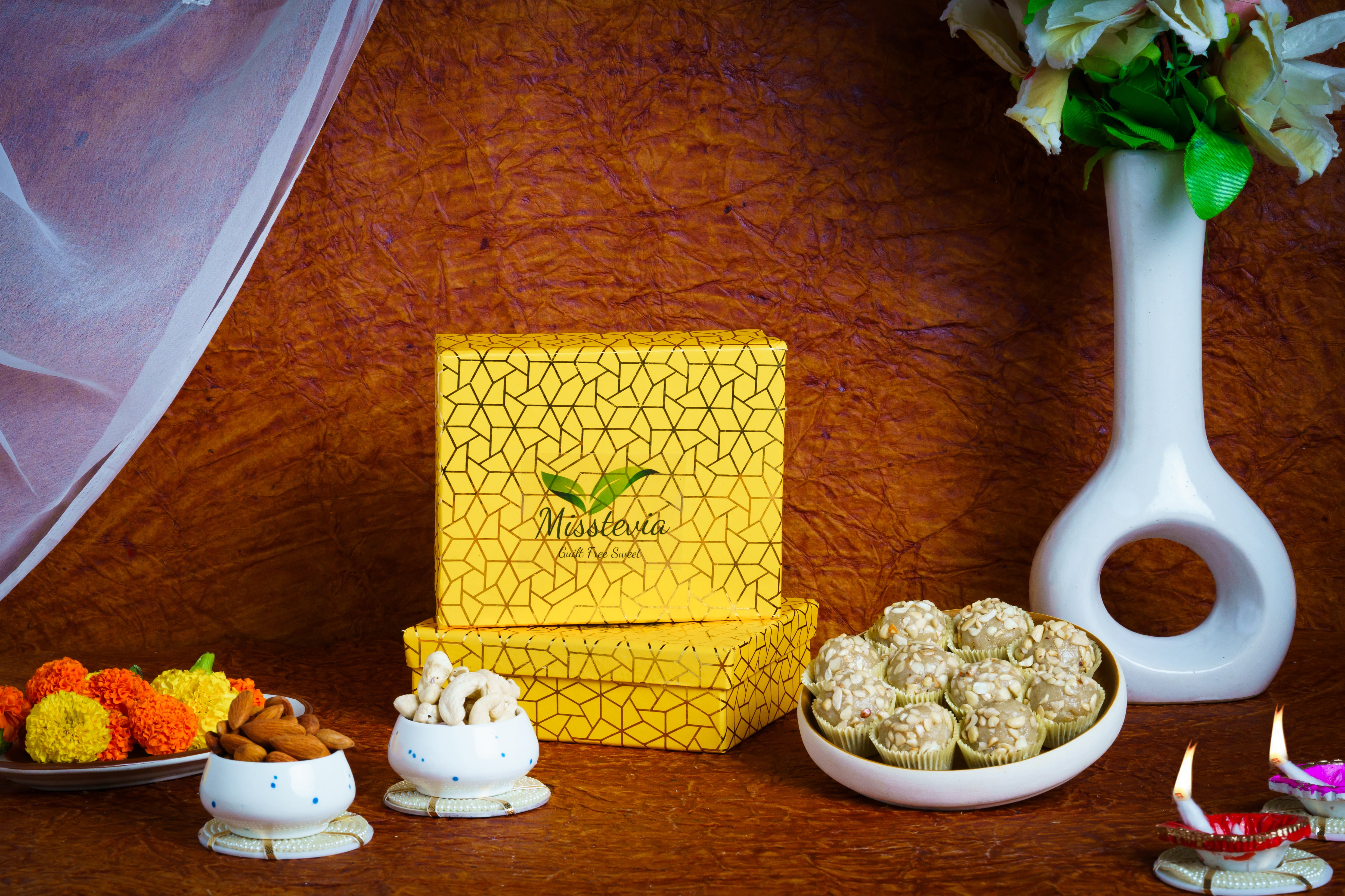 Sugar free Sweets Diwali Gift Box 125g | Cashew Almond Dry Fruit Laddu |Tealight candle &Holder| Healthy Gift Hamper |Perfect Festival Gift Kaju Mithai| Kids & Diabetic Friendly