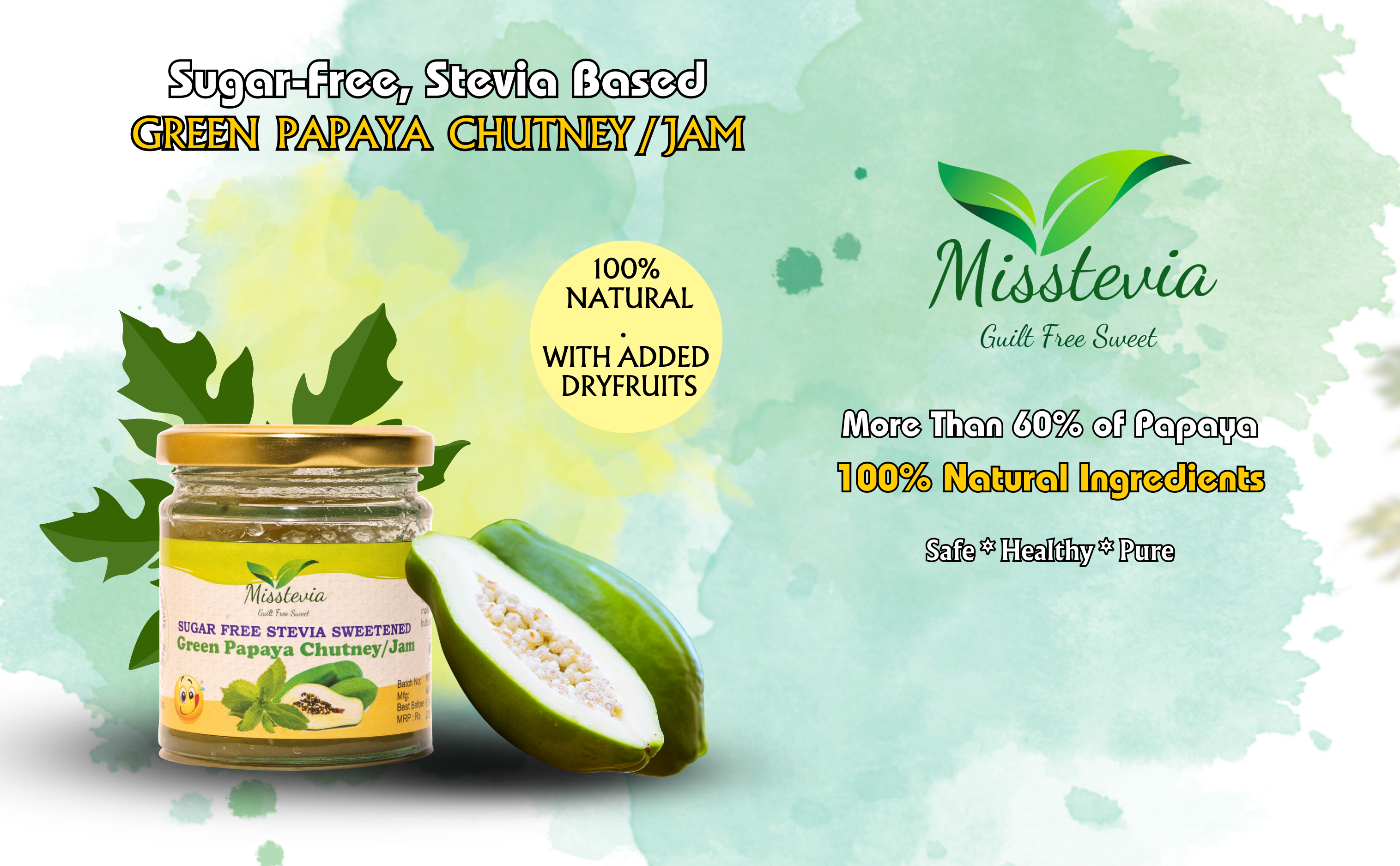 Sugar-Free Green Papaya Jam/Chutney (200g) Stevia Sweetened I with added Dryfruits - Misstevia