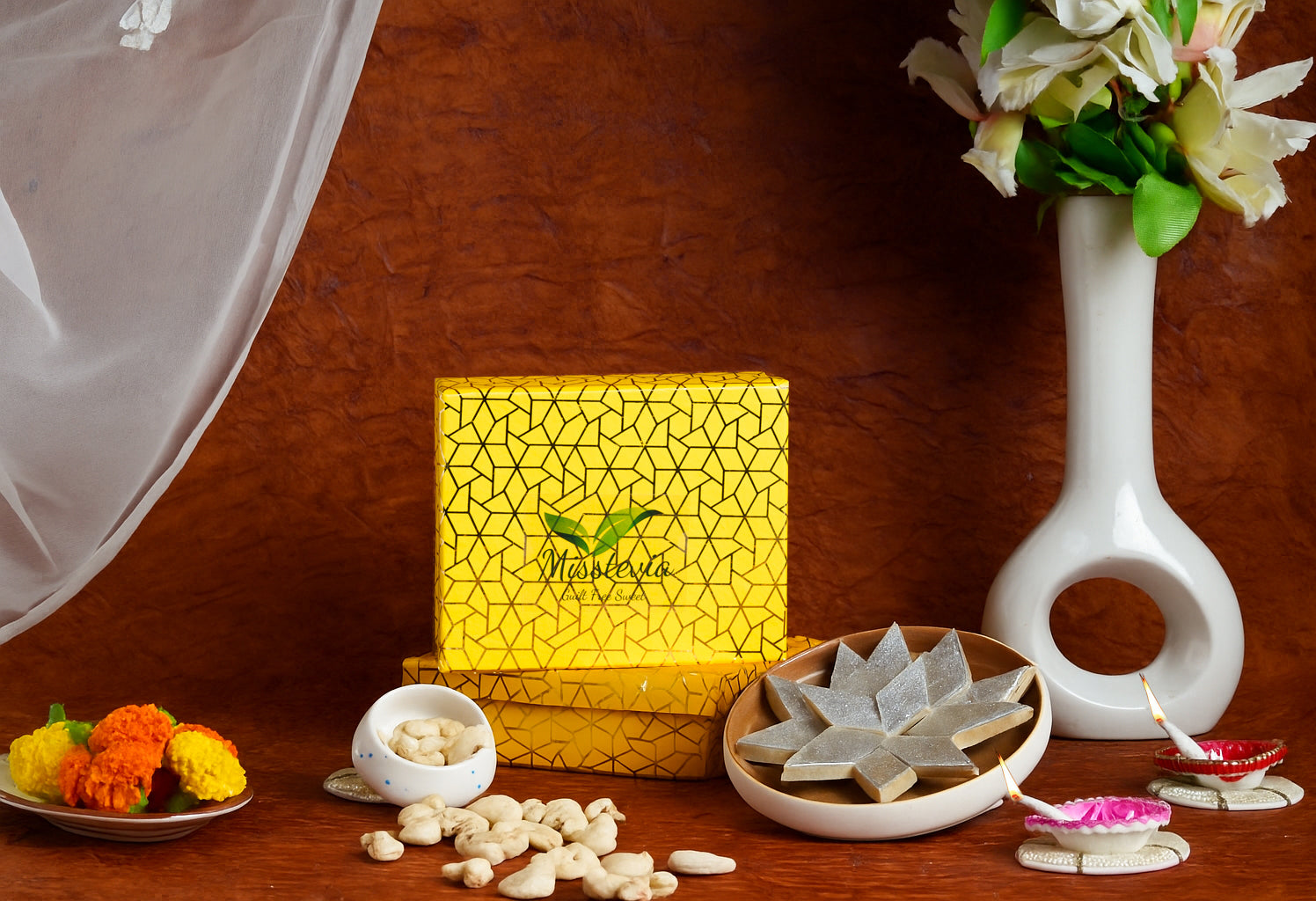 Sugar Free Sweets Gift Box 125g | Kaju Katli | Tealight Candle &Holder | Sugar Free Mithai | Diabetic friendly | Diwali Gift Boxes