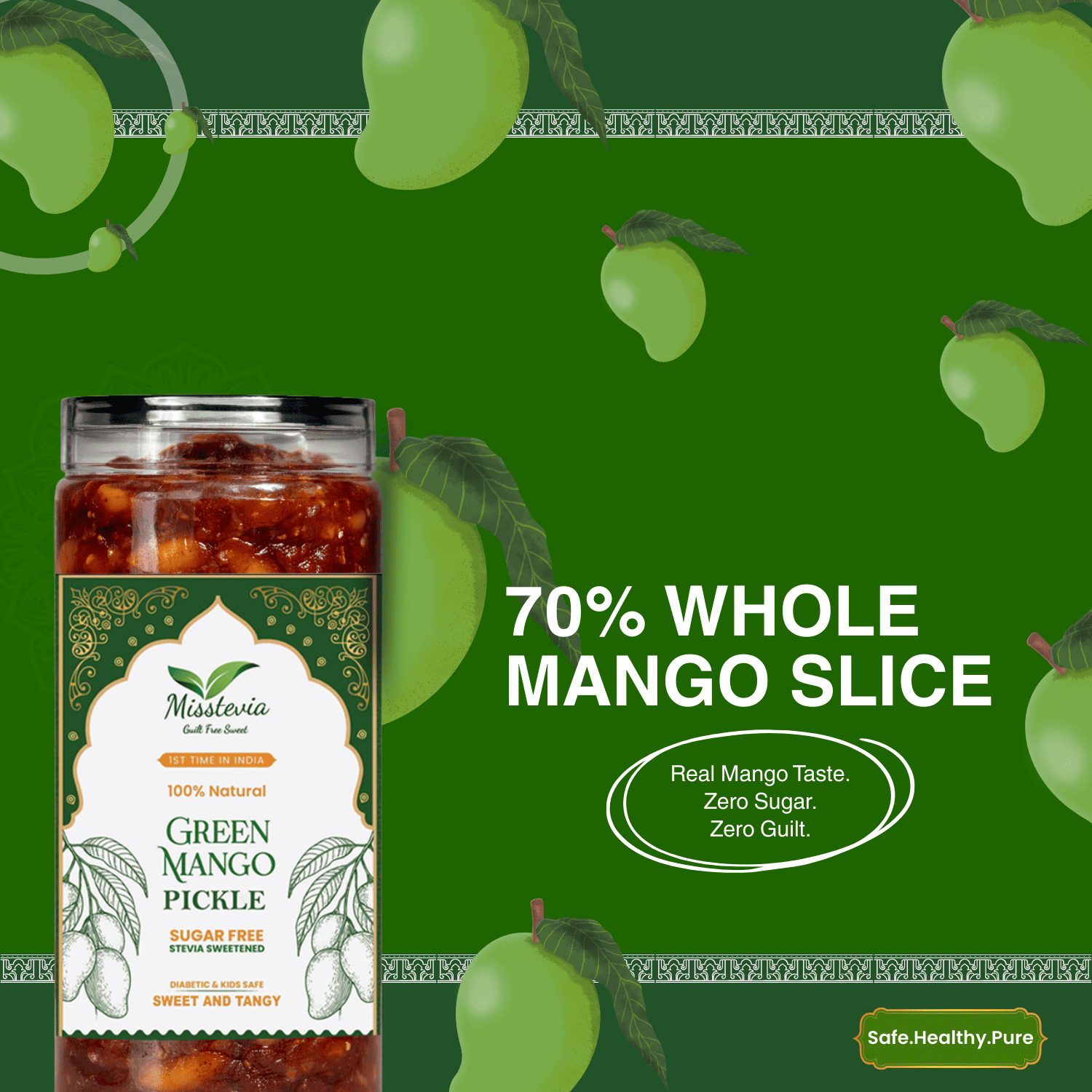 Misstevia Sugar Free Mango Pickle/Achar | Sweet, Tangy & Oil Free | 325g