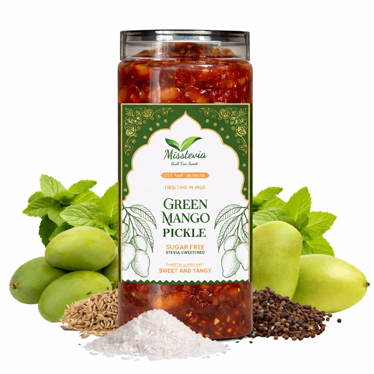 Misstevia Sugar Free Mango Pickle/Achar | Sweet, Tangy & Oil Free | 325g