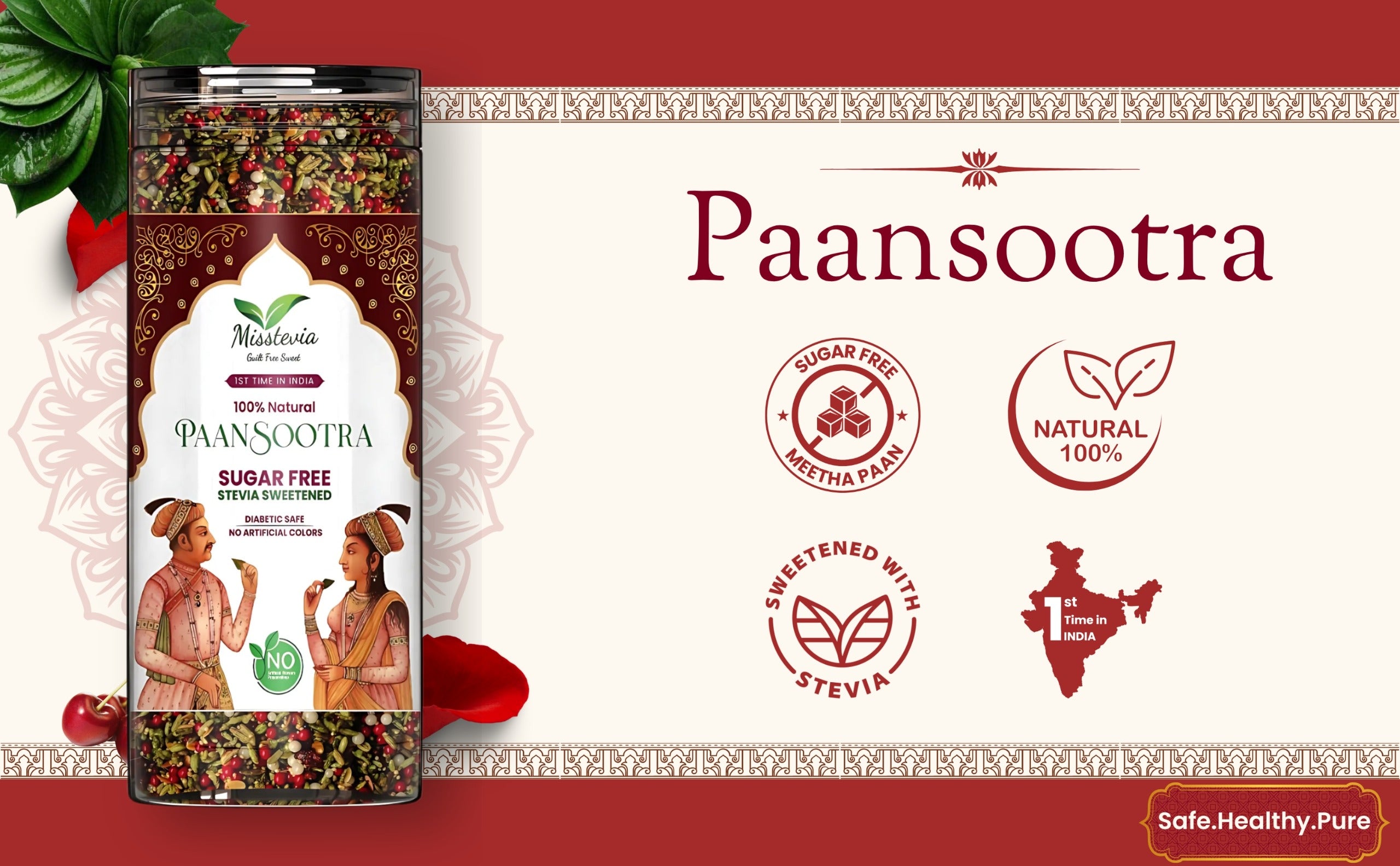 Paansootra product packaging with brand name and icons on a red background
