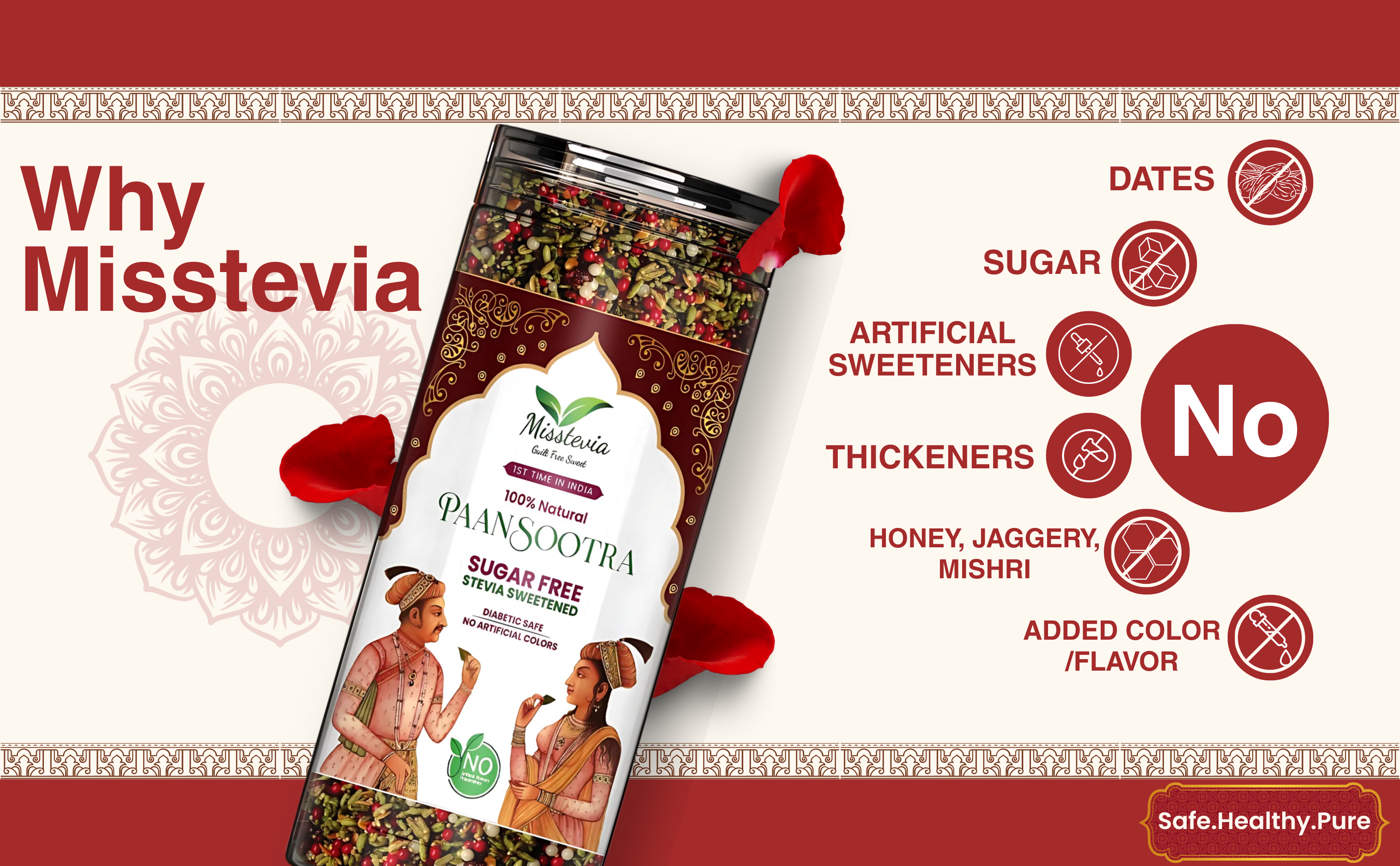 Stevia product packaging with branding and ingredient information on a decorative background
