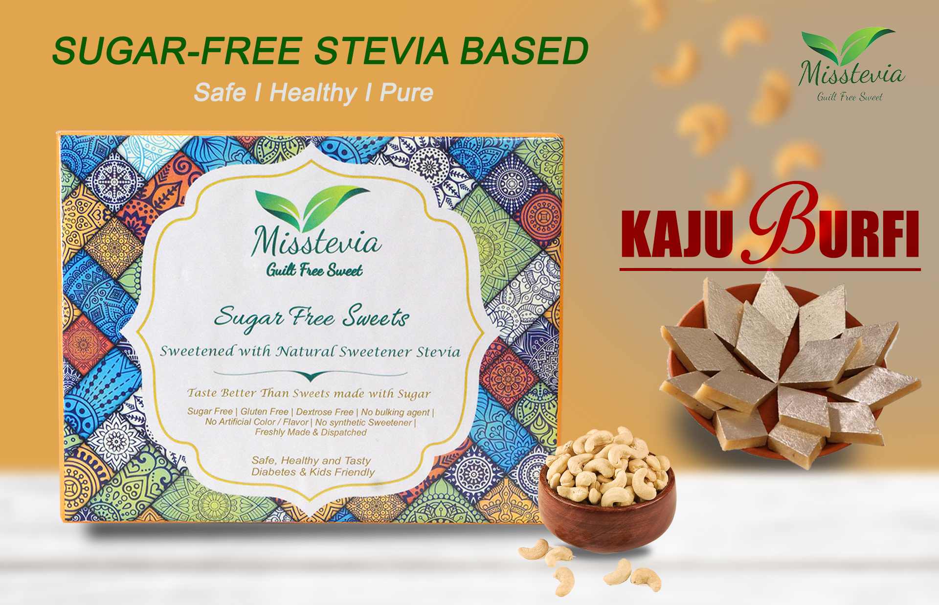 Sugar Free Kaju Katli/Kaju Burfi I Stevia Sweetened I 250g - Misstevia