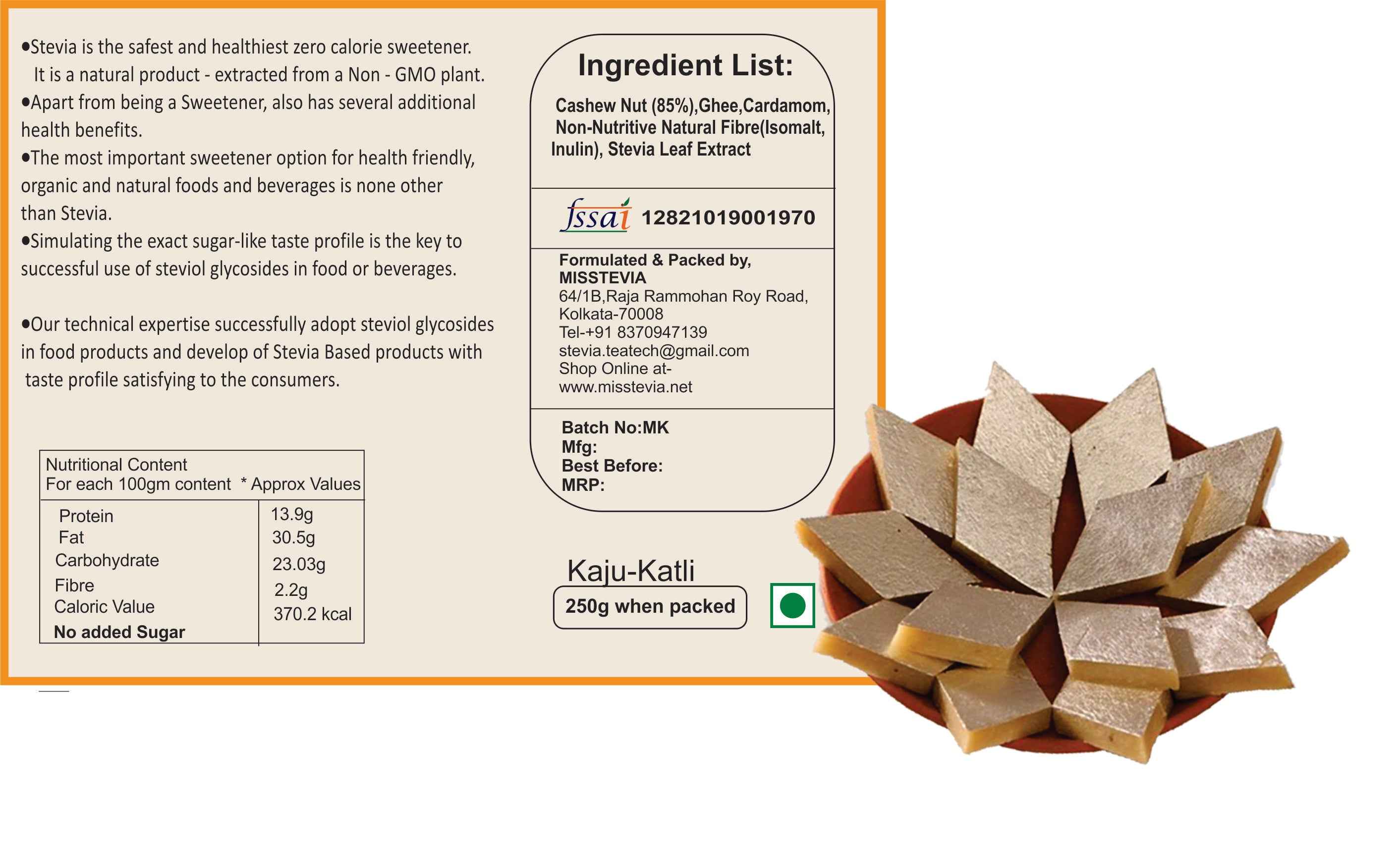 Sugar Free Kaju Katli/Kaju Burfi I Stevia Sweetened I 250g - Misstevia
