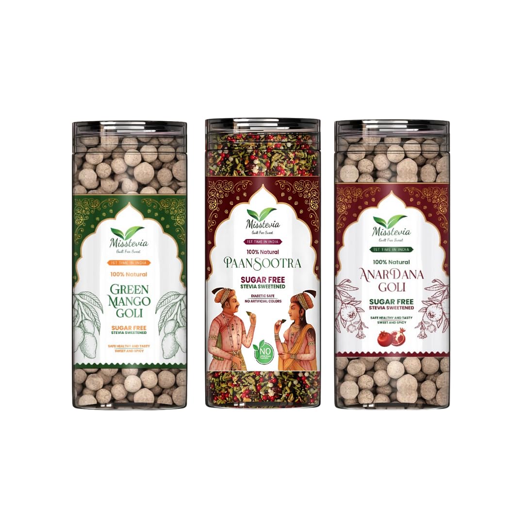 Sugar Free Mukhwas Combo Gift Pack 500g | Stevia Sweetened | Sweet & Spicy Green Mango Goli | Meetha Paan | Sweet & Spicy Anardana Goli | Diabetic Friendly| Real Fruit based Digestive Mouth Freshener | Diwali Festive Gift Hamper